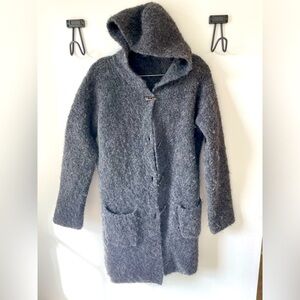 Uniqlo Sweater Collection, large, gray fuzzy hip-length dark gray cardigan EUC